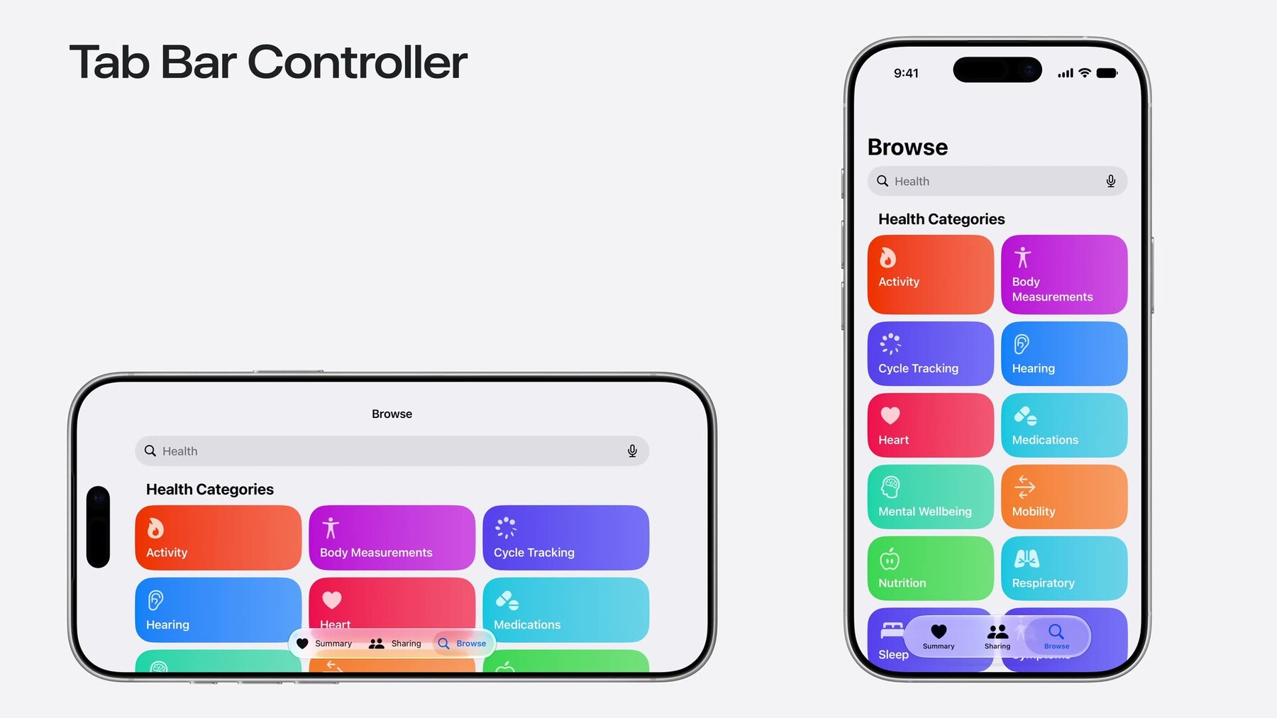 WWDC26 UIKit slide showing tab bar controller layouts on wide and narrow iPhone sizes